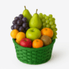 Cesta de frutas frescas con uvas, manzanas, naranjas y moño decorativo, ideal para regalar.