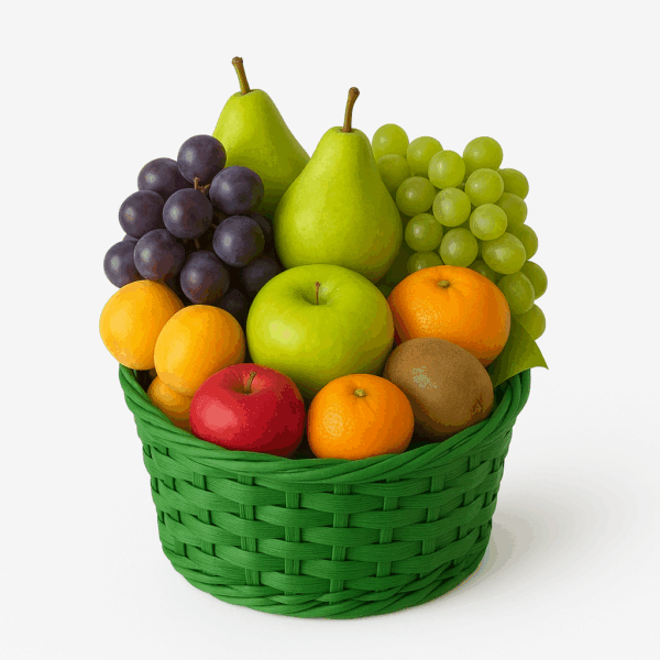Cesta de frutas frescas con uvas, manzanas, naranjas y moño decorativo, ideal para regalar.