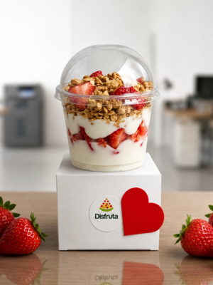 Parfait: Yogurt griego semi dulce, fresas y granola para regalar.