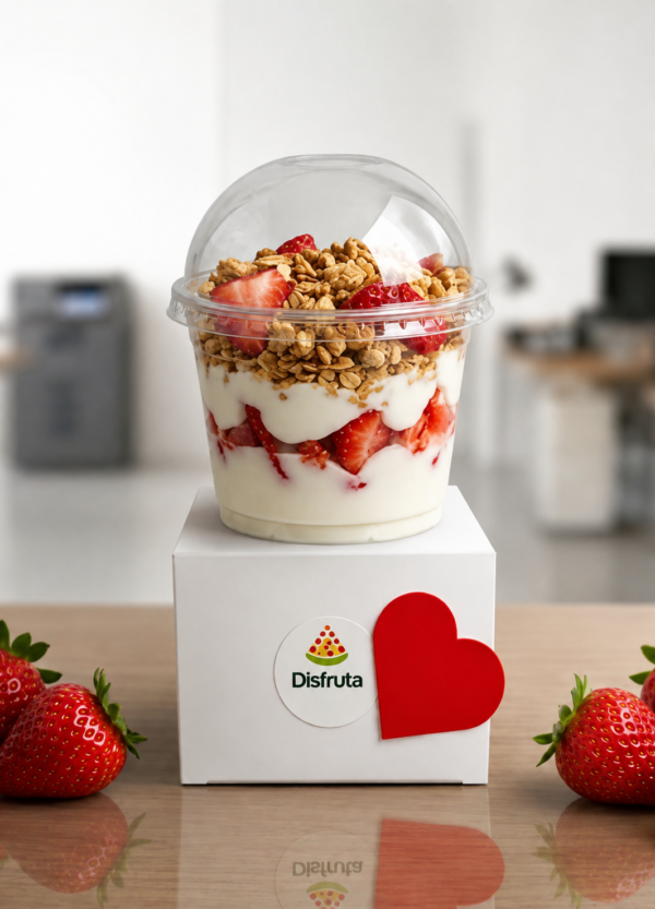 Parfait: Yogurt griego semi dulce, fresas y granola para regalar.