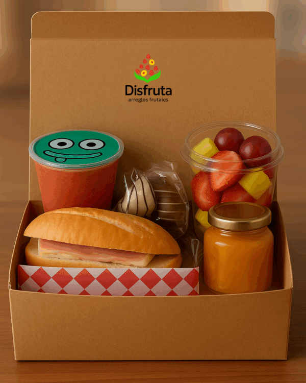Desayuno sorpresa saludable con sándwich, ensalada de frutas, jugo y mermelada artesanal en caja kraft
