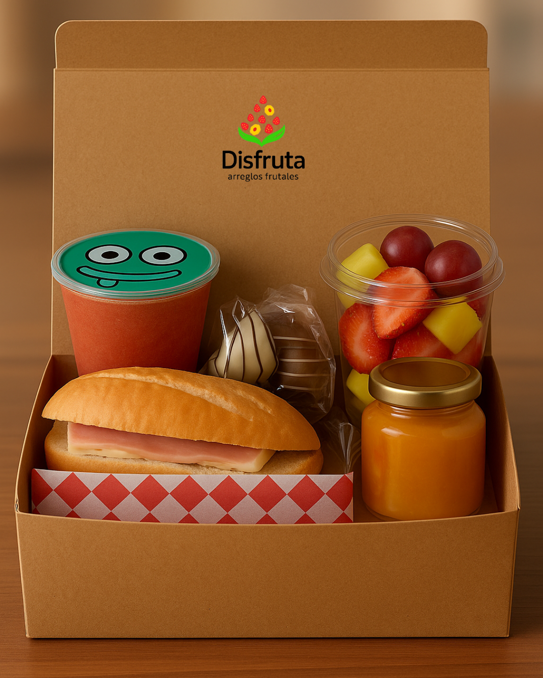 Desayuno sorpresa saludable con sándwich, ensalada de frutas, jugo y mermelada artesanal en caja kraft