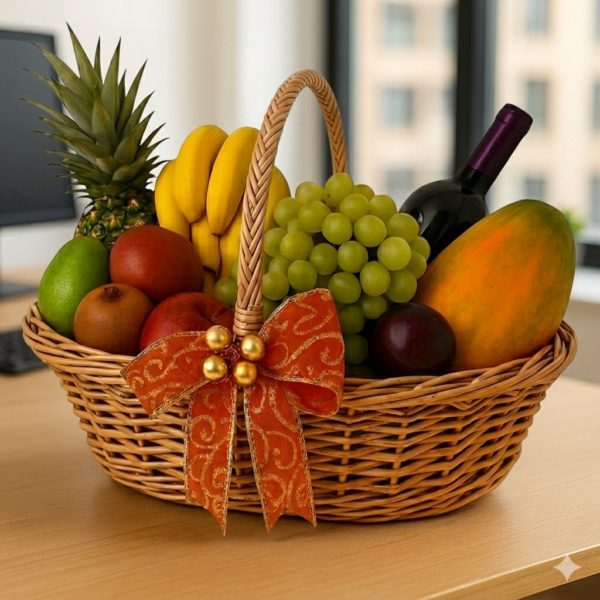 Canasta de frutas con botella de vino