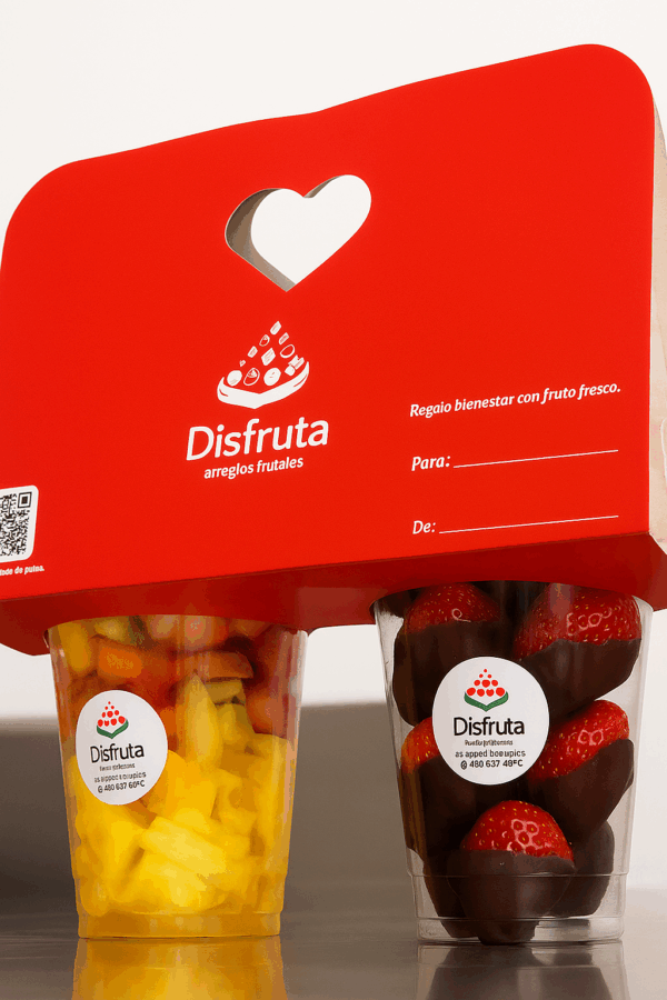 Pack Duo Encantado "Pack Dúo Encantado de Disfruta Arreglos Frutales, dos vasos con frutas frescas y chocolate en empaque rojo, ideal para regalos empresariales y Amor y Amistad."