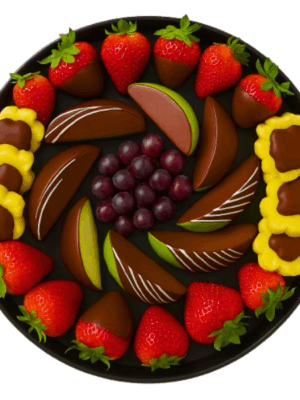 Bandeja de frutas frescas variadas decoradas para regalo