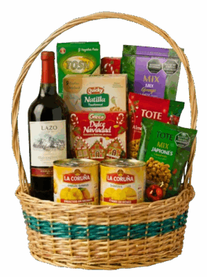 Ancheta navideña premium con productos gourmet, vinos y galletas — regalo corporativo saludable de Disfruta Arreglos Frutales en Barranquilla.