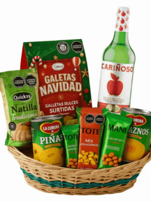 Ancheta navideña económica con vino espumoso, galletas dulces, natilla, frutas en almíbar y frutos secos – Disfruta Arreglos Frutales Barranquilla