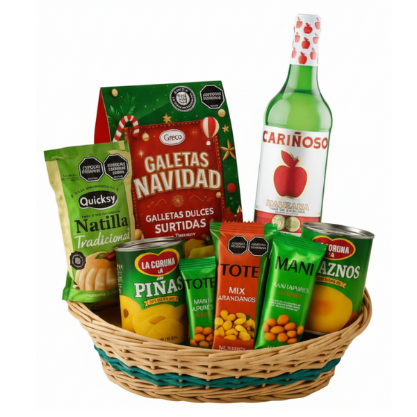 Ancheta navideña económica con vino espumoso, galletas dulces, natilla, frutas en almíbar y frutos secos – Disfruta Arreglos Frutales Barranquilla