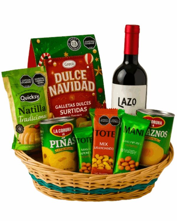 Ancheta navideña con productos gourmet y vino | Disfruta Arreglos Frutales